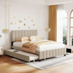 Queen Size Velvet Platform Bed with 1 Twin XL Trundle Upholstered Bed Frame and 2 Drawers Storage Bed No Box Spring Needed - Image 11