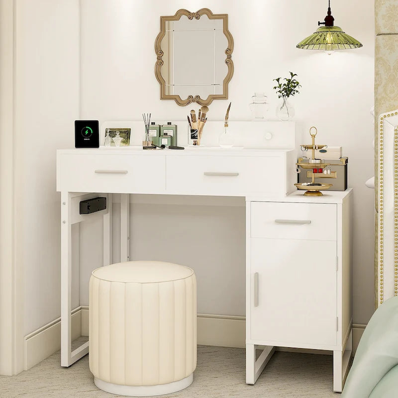 10723222978719_559030 Reversible Makeup Vanity Desk With Charging Station and 4 Wooden Drawers and 1 Cabinet - N/A - Image 1