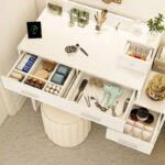 Reversible Makeup Vanity Desk With Charging Station and 4 Wooden Drawers and 1 Cabinet - N/A - Image 3