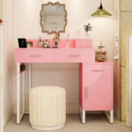 Reversible Makeup Vanity Desk With Charging Station and 4 Wooden Drawers and 1 Cabinet - N/A - Image 10