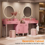 Reversible Makeup Vanity Desk With Charging Station and 4 Wooden Drawers and 1 Cabinet - N/A - Image 13