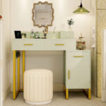 Reversible Makeup Vanity Desk With Charging Station and 4 Wooden Drawers and 1 Cabinet - N/A - Image 26