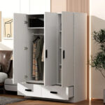 3-Door Bedroom Wardrobe Closet with Hanging Rod and 2 Storage Drawers, Solid Wood Armoire Clothes Organizer with Storage Shelves - Image 13