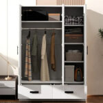 3-Door Bedroom Wardrobe Closet with Hanging Rod and 2 Storage Drawers, Solid Wood Armoire Clothes Organizer with Storage Shelves - Image 2