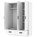 3-Door Bedroom Wardrobe Closet with Hanging Rod and 2 Storage Drawers, Solid Wood Armoire Clothes Organizer with Storage Shelves - Image 4