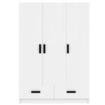 3-Door Bedroom Wardrobe Closet with Hanging Rod and 2 Storage Drawers, Solid Wood Armoire Clothes Organizer with Storage Shelves - Image 12