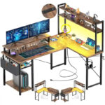 Farmhouse L-shaped Desk with Power Outlet, Gaming Table with Hutch and LED Light - Image 22