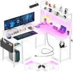 Farmhouse L-shaped Desk with Power Outlet, Gaming Table with Hutch and LED Light - Image 23