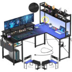 Farmhouse L-shaped Desk with Power Outlet, Gaming Table with Hutch and LED Light - Image 2