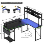 Farmhouse L-shaped Desk with Power Outlet, Gaming Table with Hutch and LED Light - Image 3
