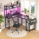 Farmhouse L-shaped Desk with Power Outlet, Gaming Table with Hutch and LED Light - Image 6
