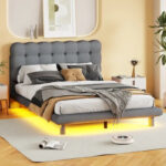 Velvet Upholstered Platform Bed Frame with LED Light & Biscuit Headboard - Image 40