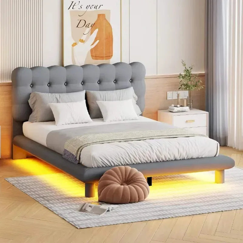 10732625461407_556348 Velvet Upholstered Platform Bed Frame with LED Light & Biscuit Headboard - Image 1