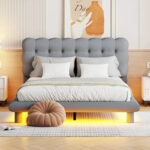 Velvet Upholstered Platform Bed Frame with LED Light & Biscuit Headboard - Image 2