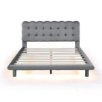 Velvet Upholstered Platform Bed Frame with LED Light & Biscuit Headboard - Image 4