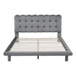 Velvet Upholstered Platform Bed Frame with LED Light & Biscuit Headboard - Image 8
