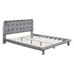 Velvet Upholstered Platform Bed Frame with LED Light & Biscuit Headboard - Image 9