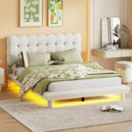 Velvet Upholstered Platform Bed Frame with LED Light & Biscuit Headboard - Image 17
