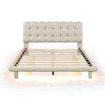 Velvet Upholstered Platform Bed Frame with LED Light & Biscuit Headboard - Image 19