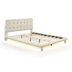 Velvet Upholstered Platform Bed Frame with LED Light & Biscuit Headboard - Image 20