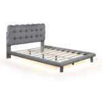 Velvet Upholstered Platform Bed Frame with LED Light & Biscuit Headboard - Image 33