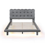 Velvet Upholstered Platform Bed Frame with LED Light & Biscuit Headboard - Image 34