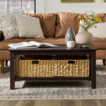 40-Inch Mission Style Coffee Table with Wicker Storage Baskets - Image 3