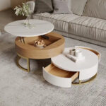 Round Coffee Table White with Storage Lift-Top Wood Coffee Table Lifts up with Rotatable Drawers White Natural - Image 9