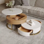 Round Coffee Table White with Storage Lift-Top Wood Coffee Table Lifts up with Rotatable Drawers White Natural
