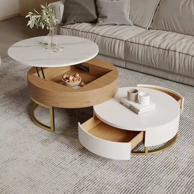 9283292627103_559726 Round Coffee Table White with Storage Lift-Top Wood Coffee Table Lifts up with Rotatable Drawers White Natural - Image 1