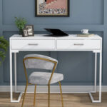40 Inches Computer Desk White and Gold Desk with 2 Drawers - Image 16