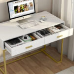 40 Inches Computer Desk White and Gold Desk with 2 Drawers - Image 13