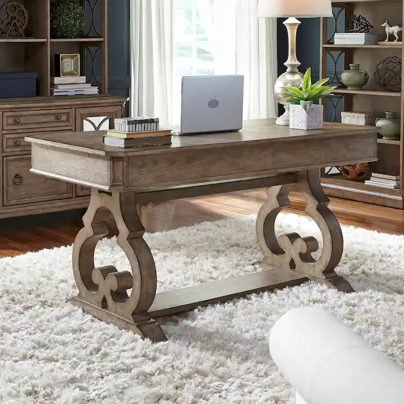 9285184946335_553667 Simply Elegant White, Brown, & Heathered Taupe Writing Desk - Image 1
