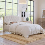 Full Size Linen Upholstered Platform Bed with Saddle Curved Headboard and Diamond Tufted Details,Beige - Image 2