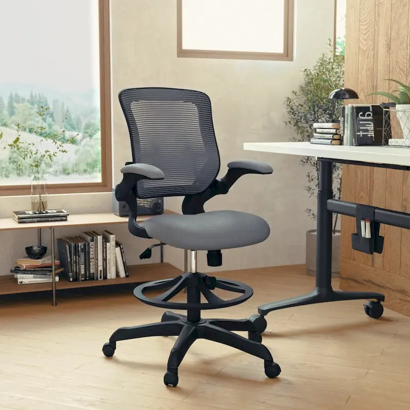 9318732300447_555985 Mid-Back Mesh Ergonomic Drafting Chair with Foot Ring and Flip-Up Arms - Image 1