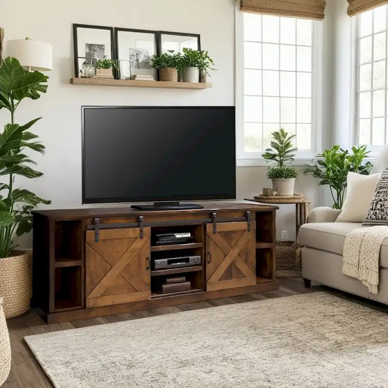 9319438516383_554535 Farmhouse 85 inch TV Stand Console for TVs up to 95 inches, No Assembly Required, Aged Whiskey Finish - Image 1