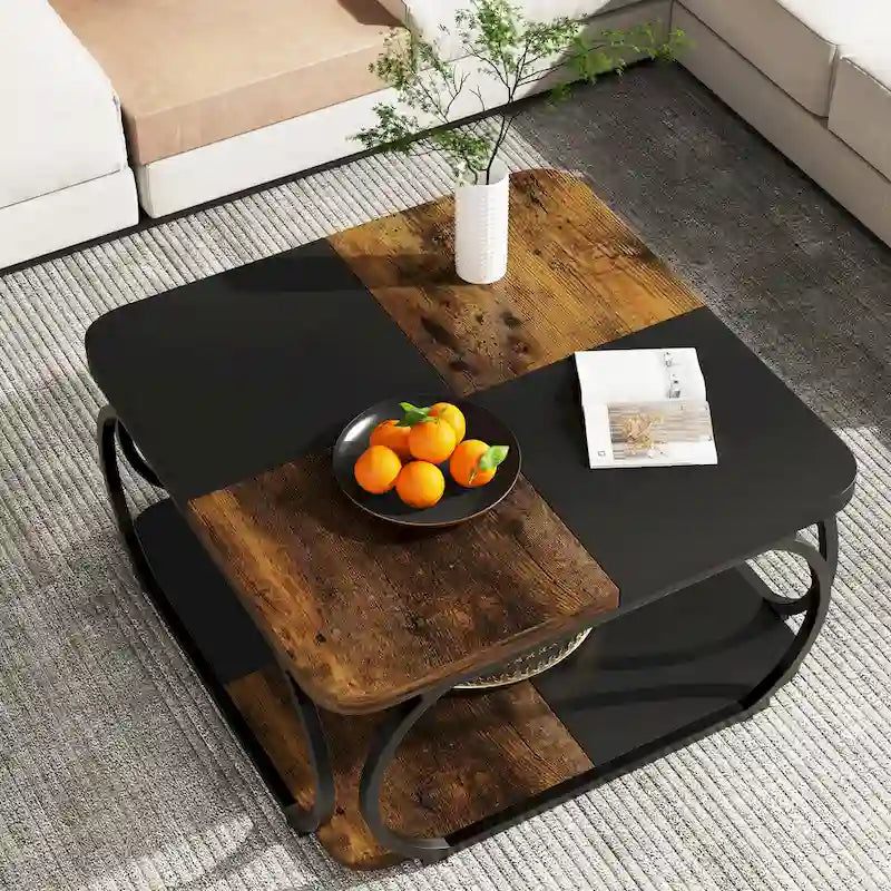 9322061562015_555861 39 Inche 2-Tier Square Coffee Table with Metal Frame for Living Room - Image 1