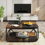 39 Inche 2-Tier Square Coffee Table with Metal Frame for Living Room - Image 5