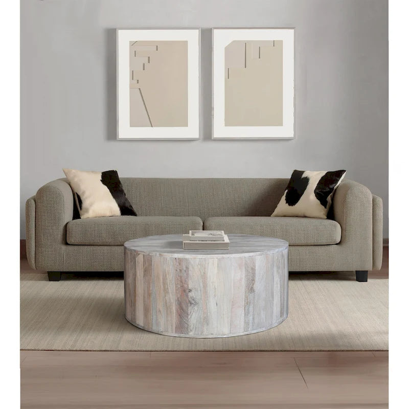9322865197215_556064 36 Inch Coffee Table, Handcrafted Drum Shape, Washed White Mango Wood - Image 1