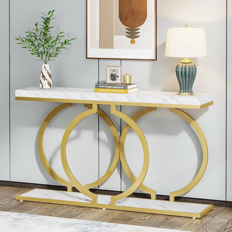 9323210866847_557938 Gold Console Table, 55 inch Faux Marble Entryway Table Narrow Long Sofa Table - Image 1