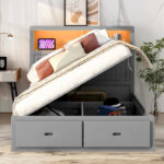 Wood Queen Size Hydraulic Platform Bed with Storage LED Headboard - Image 22