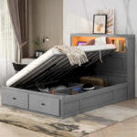 Wood Queen Size Hydraulic Platform Bed with Storage LED Headboard - Image 23