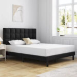Bed Frame with Upholstered Headboard, Gray Metal Frame Wooden Slats Support. - Image 5