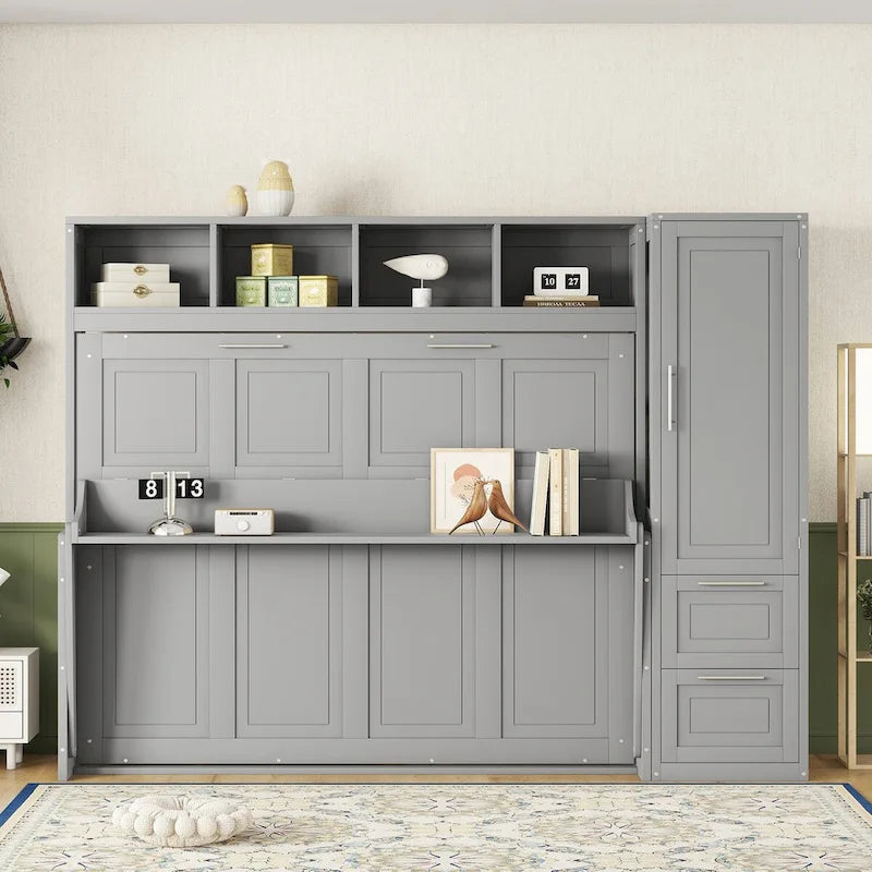 9377269809311_558887 Queen Size Murphy Bed Wall Bed with Closet and Drawers,Gray - Image 1
