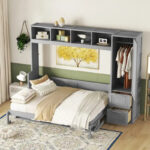 Queen Size Murphy Bed Wall Bed with Closet and Drawers,Gray - Image 2