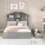 Wood Platform Bed with House-shaped Storage Headboard and 2 Drawer - Image 2