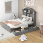 Wood Platform Bed with House-shaped Storage Headboard and 2 Drawer - Image 8