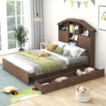 Wood Platform Bed with House-shaped Storage Headboard and 2 Drawer - Image 9