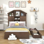 Wood Platform Bed with House-shaped Storage Headboard and 2 Drawer - Image 11