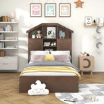 Wood Platform Bed with House-shaped Storage Headboard and 2 Drawer - Image 13